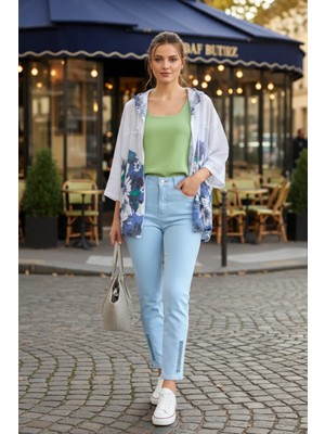 Yüksek Bel Likralı Paçası Lazer Kesim Kot Pantolon