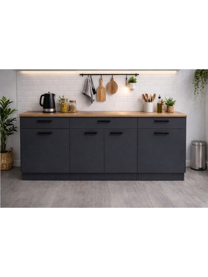 T Designo Tans Mutfak 3 Çekmeceli 3 Kapaklı Alt Modül 200 cm - Çok Amaçlı Dolap -Tezgah Dahil