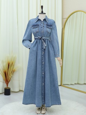 Modamorfo Cepli Kemerli Boydan Düğmeli Kot Elbise -Buz Mavi