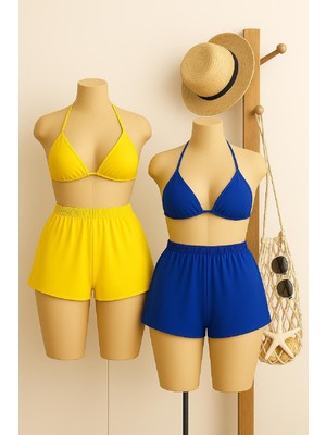 Marsilyan Kadın Sarı ve Mavi Şortlu Belden ve Boyundan Bağlamalı Bikini Takımı