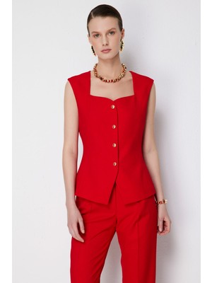 Ekol Kadın Kare Yaka Metal Düğmeli Yelek 1182 Kırmızı
