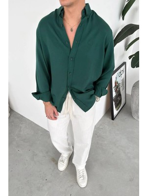 HAFKA Koyu Yeşil Nakışlı Oversize Modal Gömlek