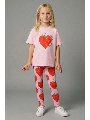 Monila Kız Çocuk Pamuklu Pembe Çilek Baskılı T-Shirt Tayt Takım