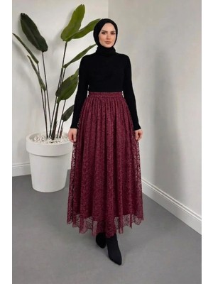 Tesettür Diyarı Noft Asimetrik Kesim Astarlı Dantel Tesettür Etek- Bordo
