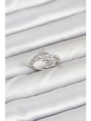 Marsilyan Pirinç Gümüş Renk Zirkon Taşlı Kelebek Model Kadın Yüzük