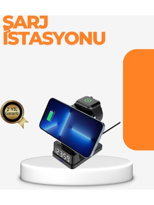 Marsilyan 4’ü 1 Arada Kablosuz Şarj Istasyonu – LED Saat Ekranlı, Apple Uyumlu, Akıllı Güvenlik Kor