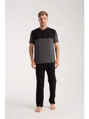 Marsilyan Erkek Antrasit Düğmeli Yaka Kısa Kol Pijama Takımı
