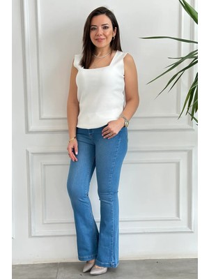 Yüksek Bel Likralı Ispanyol Paça Kot Pantolon