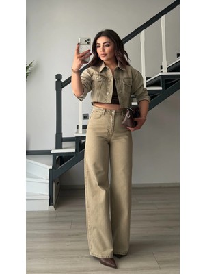 Elisin Bej Haki Yıkamalı Wide Leg Jean