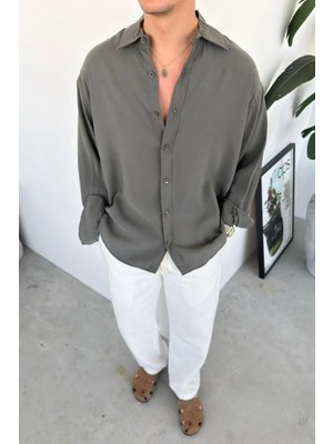 HAFKA Haki Basic Oversize Modal Gömlek