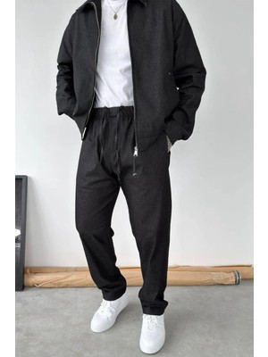 HAFKA Siyah Beli Lastikli Dokulu Baggy Pantolon