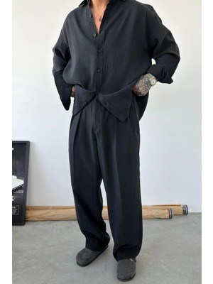 HAFKA Siyah Pileli Modal Kumaş Baggy Pantolon