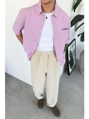 HAFKA Pembe Daily Nakış Kareli Old School Oversize Gömlek