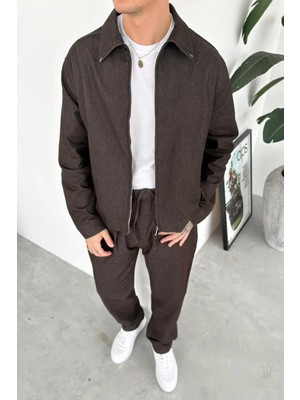 HAFKA Kahverengi Fermuarlı Dokulu Relaxed Fit Boxy Ceket