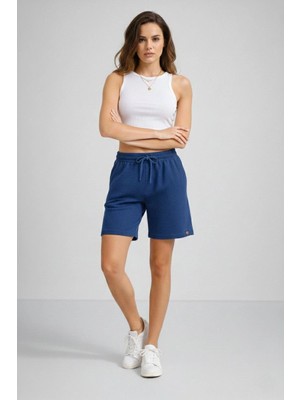 Marsilyan Kadın Dokuma Otoban Şort Beli Lastikli Bağcıklı Cepli Kesim Şort - Indigo