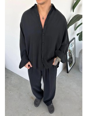 HAFKA Siyah Basic Oversize Modal Gömlek