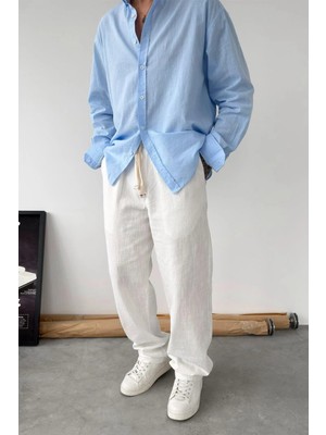 HAFKA Beyaz Nakışlı Baggy Keten Pantolon