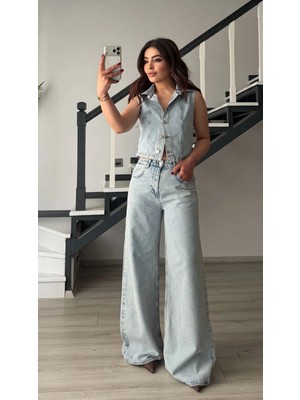 Elisin Açık Mavi Yelek-Pantolon Denim Takım