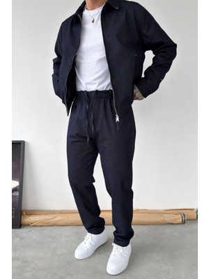 HAFKA Lacivert Beli Lastikli Dokulu Baggy Pantolon