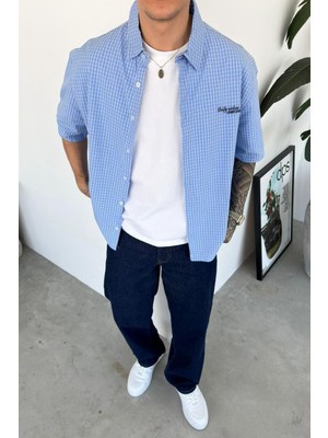 HAFKA Bebe Mavi Daily Nakış Kareli Old School Oversize Gömlek