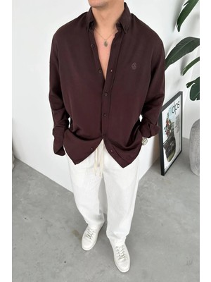 HAFKA Kahverengi Nakışlı Oversize Modal Gömlek