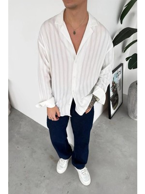 HAFKA Beyaz Şerit Detay Relaxed Gömlek