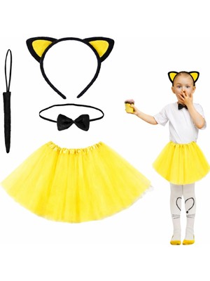 Marsilyan Sarı Renk Kedi Kostüm Seti - Tütü, Taç, Papyon, Kuyruk