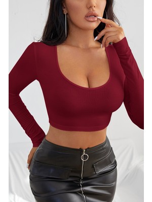 Marsilyan Kadın Bordo Uzun Kol Kare Yaka Crop Top Bluz