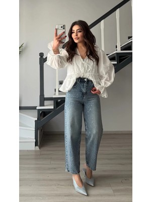 Elisin Mavi Taşlı Skater Jean