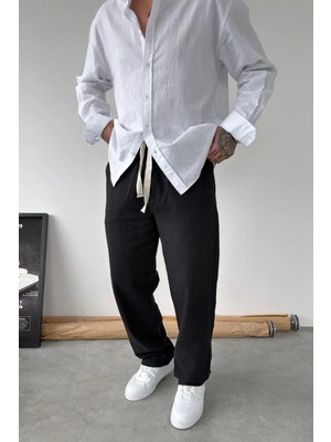 HAFKA Siyah Nakışlı Baggy Keten Pantolon