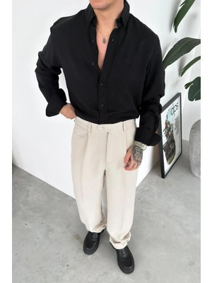 HAFKA Siyah Nakışlı Oversize Modal Gömlek