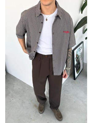 HAFKA Kahverengi Daily Nakış Kareli Old School Oversize Gömlek