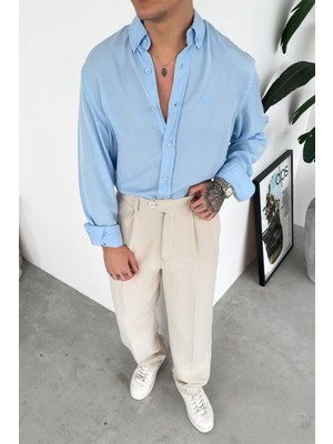 HAFKA Bebe Mavi Nakışlı Oversize Modal Gömlek