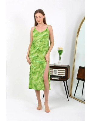 Marsilyan Kadın Ip Askılı Uzun Parlak Micro Elbise Gecelik Yeşil