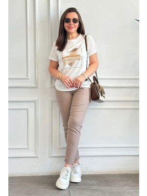 Duble Paça Beli Lastikli Çizgili Pantolon