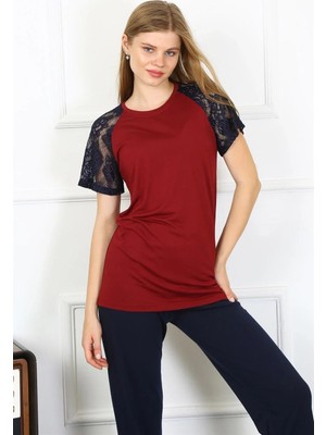 Marsilyan Kadın Kolu Dantelli Penye Pijama Takım Bordo