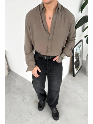 HAFKA Haki Nakışlı Oversize Modal Gömlek