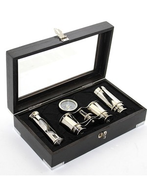 Tekinhediyelik Ahşap Kutulu Pirinç Dürbün Pusula ve Kumsaati Seti 3944A