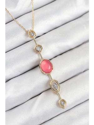 Marsilyan Pirinç Zincir Pembe Gold Renk Zirkon Taşlı Y Kolye