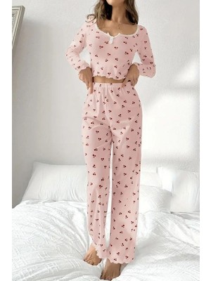 Kadir Wear Pembe Kiraz Desenli Pijama Takımı 87042