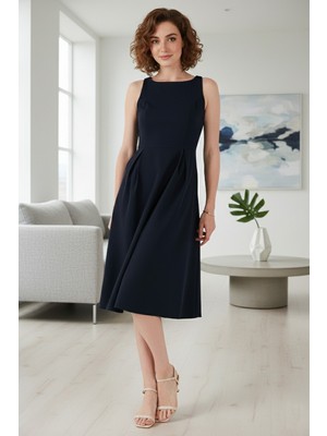 Lela Regular Fit Bisiklet Yaka Cepli Pileli Midi Boy Abiye Elbise Bayan Elbise 6111963