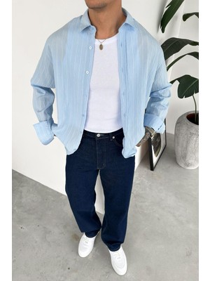 HAFKA Açık Mavi Çizgili Relaxed Gömlek