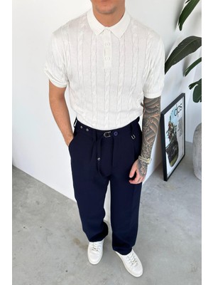 HAFKA Beyaz Örgü Desen Relaxed Triko Polo Yaka Tişört