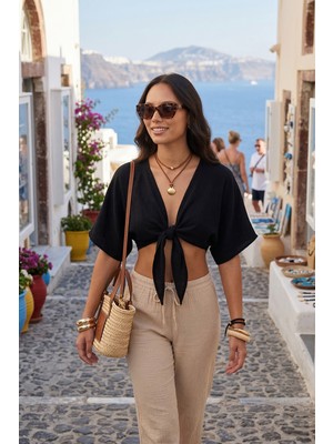 Lela Pamuklu Comfort Fit Bağlamalı Yarasa Kol Bolero Bayan Bolero 5866354