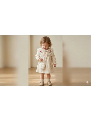 Lenna Baby Mantar Nakışlı Yakası Dantelli Çantalı 2’li Kız Bebek Elbise %100 Pamuk