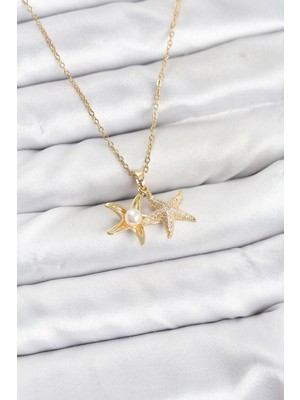 Marsilyan 316L Çelik Zincir Gold Renk Deniz Yıldızı Model Zirkon Taşlı Kadın Kolye
