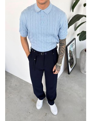 HAFKA Bebe Mavi Örgü Desen Relaxed Triko Polo Yaka Tişört