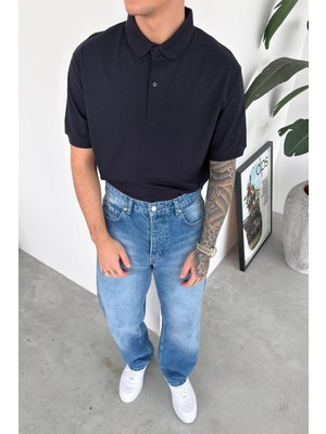 HAFKA Lacivert Basic Relaxed Polo Yaka Tişört