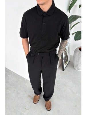HAFKA Siyah Basic Relaxed Polo Yaka Tişört
