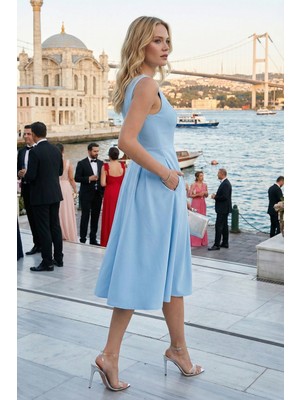 Lela Regular Fit Bisiklet Yaka Cepli Pileli Midi Boy Abiye Elbise Bayan Elbise 6111963